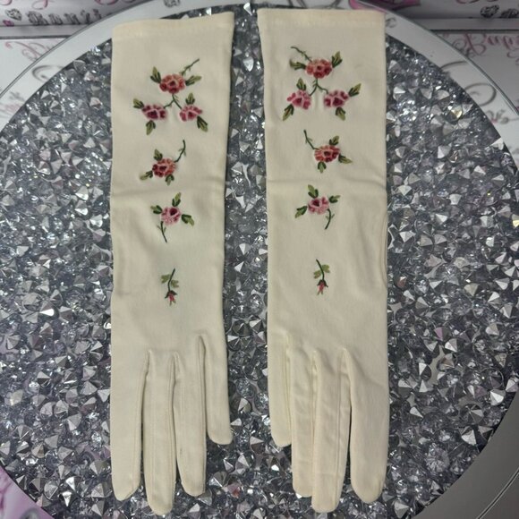1950s cream mid-length gloves with embroidered flowers made in france rare vtg - Picture 2 of 14